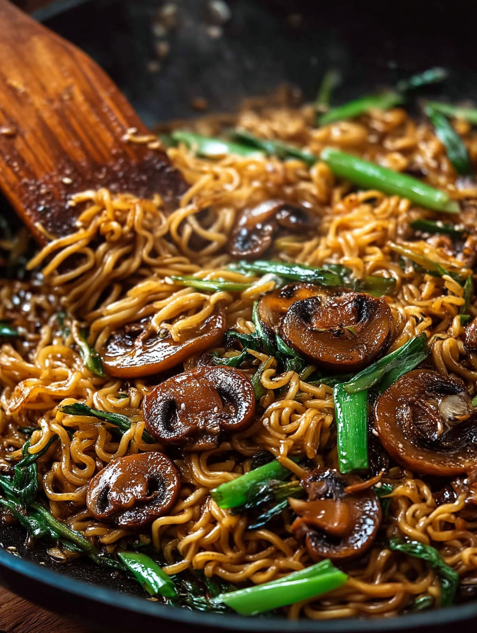 A bowl of Asian mushroom ramen noodles.