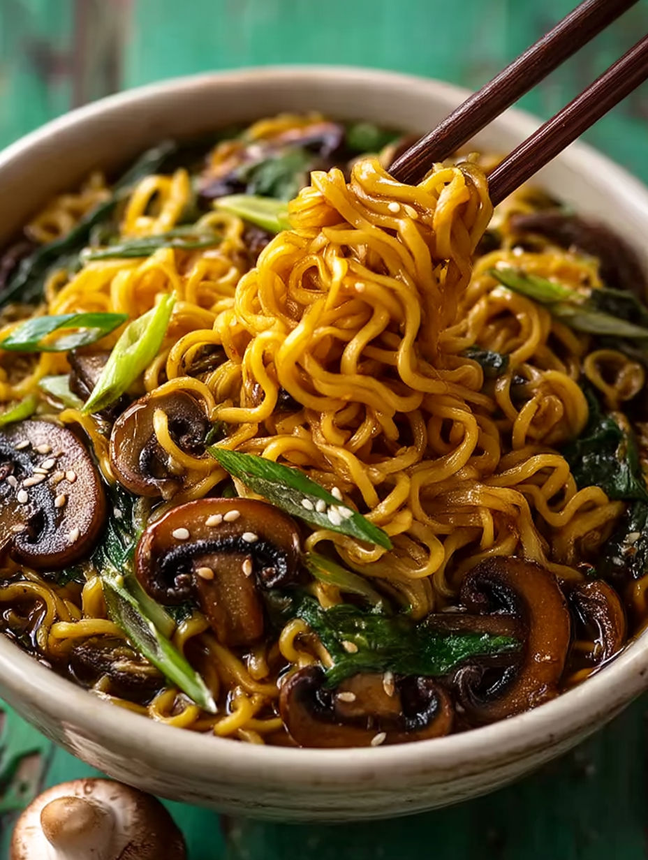 A bowl of Asian mushroom ramen noodles.