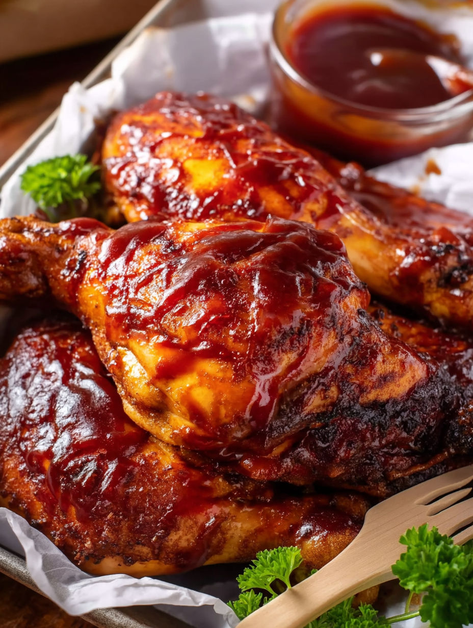 A close up of a crock pot with whole BBQ chicken in it.