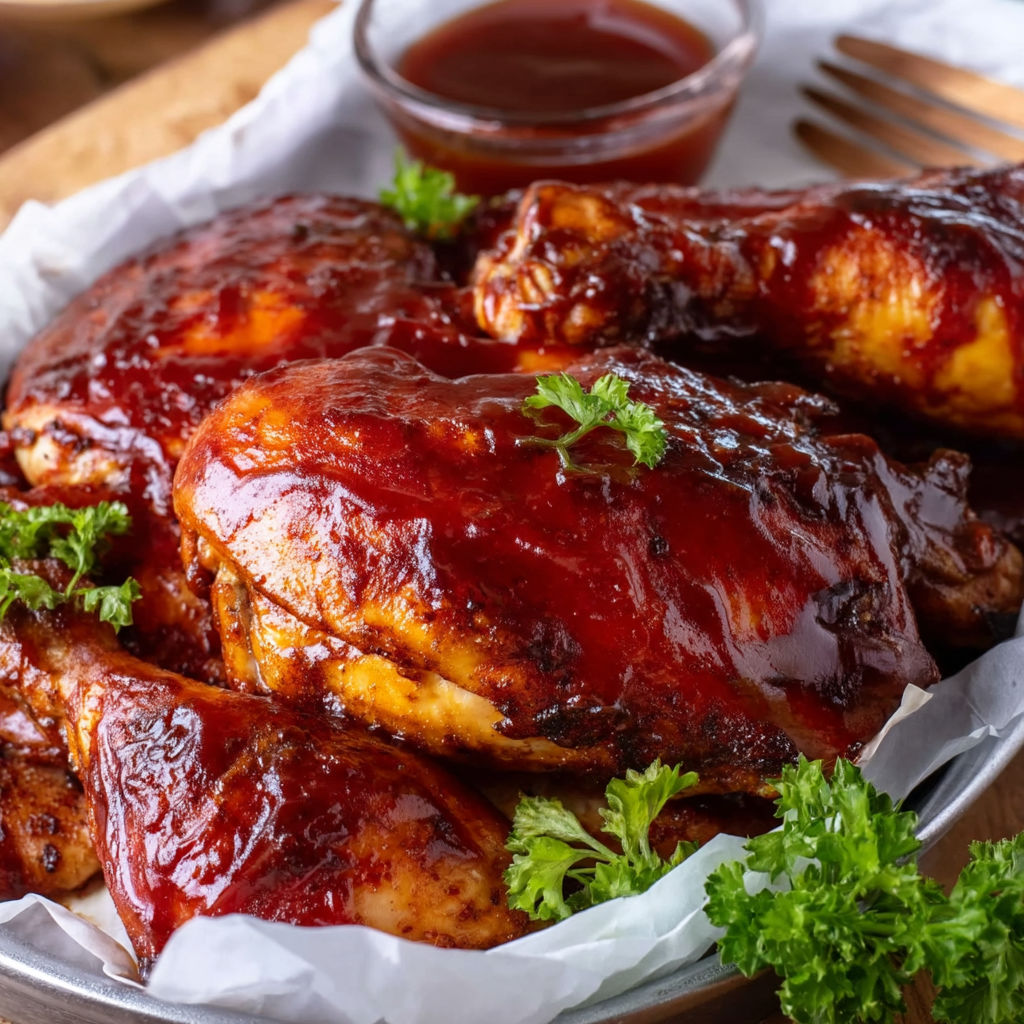 A plate of BBQ chicken with sauce.