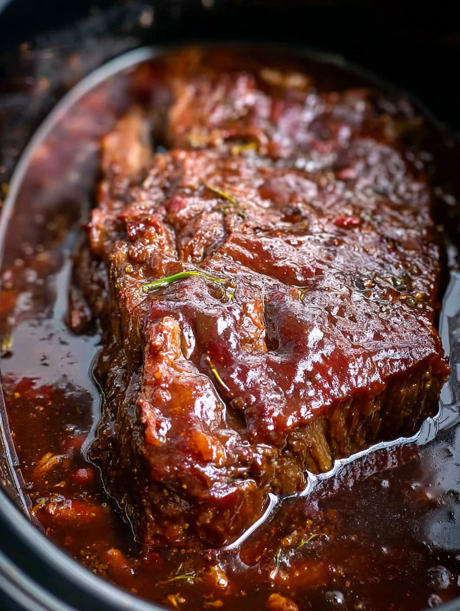 A close up of a crock pot with BBQ beef brisket.