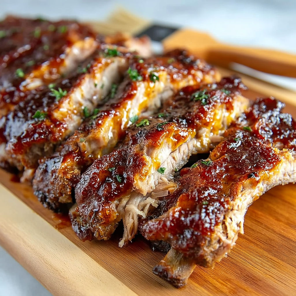 A wooden cutting board with ribs on it.