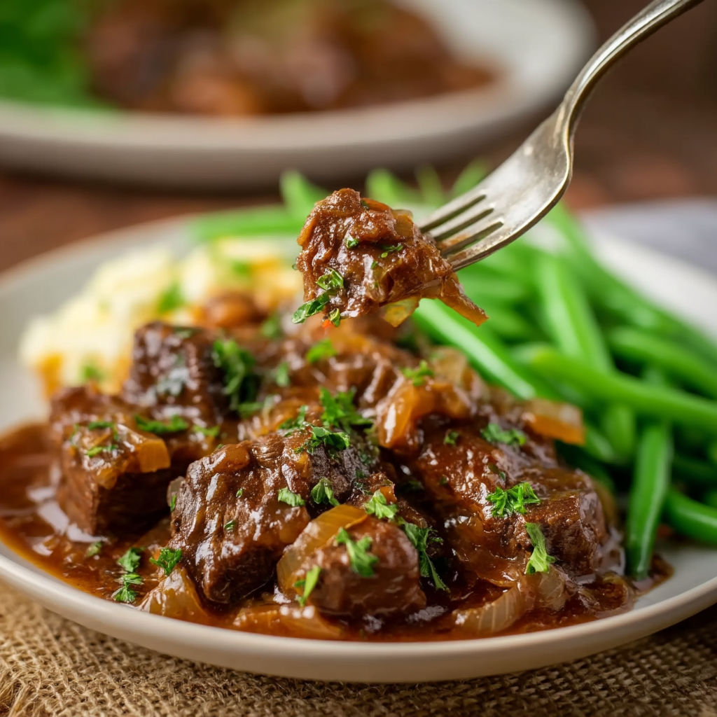 A fork is being used to eat a plate of beef tips.