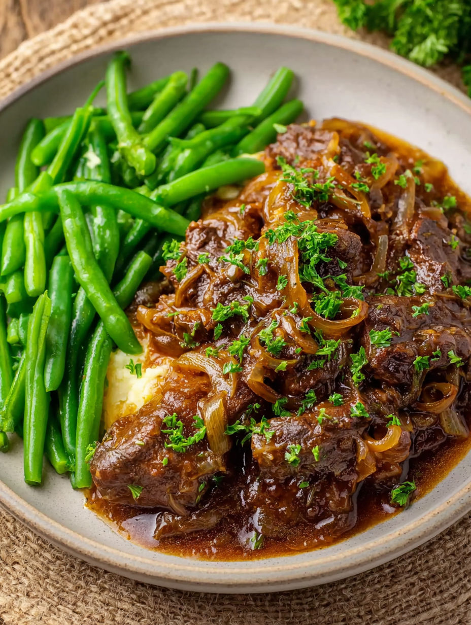 A plate of beef tips and green beans.