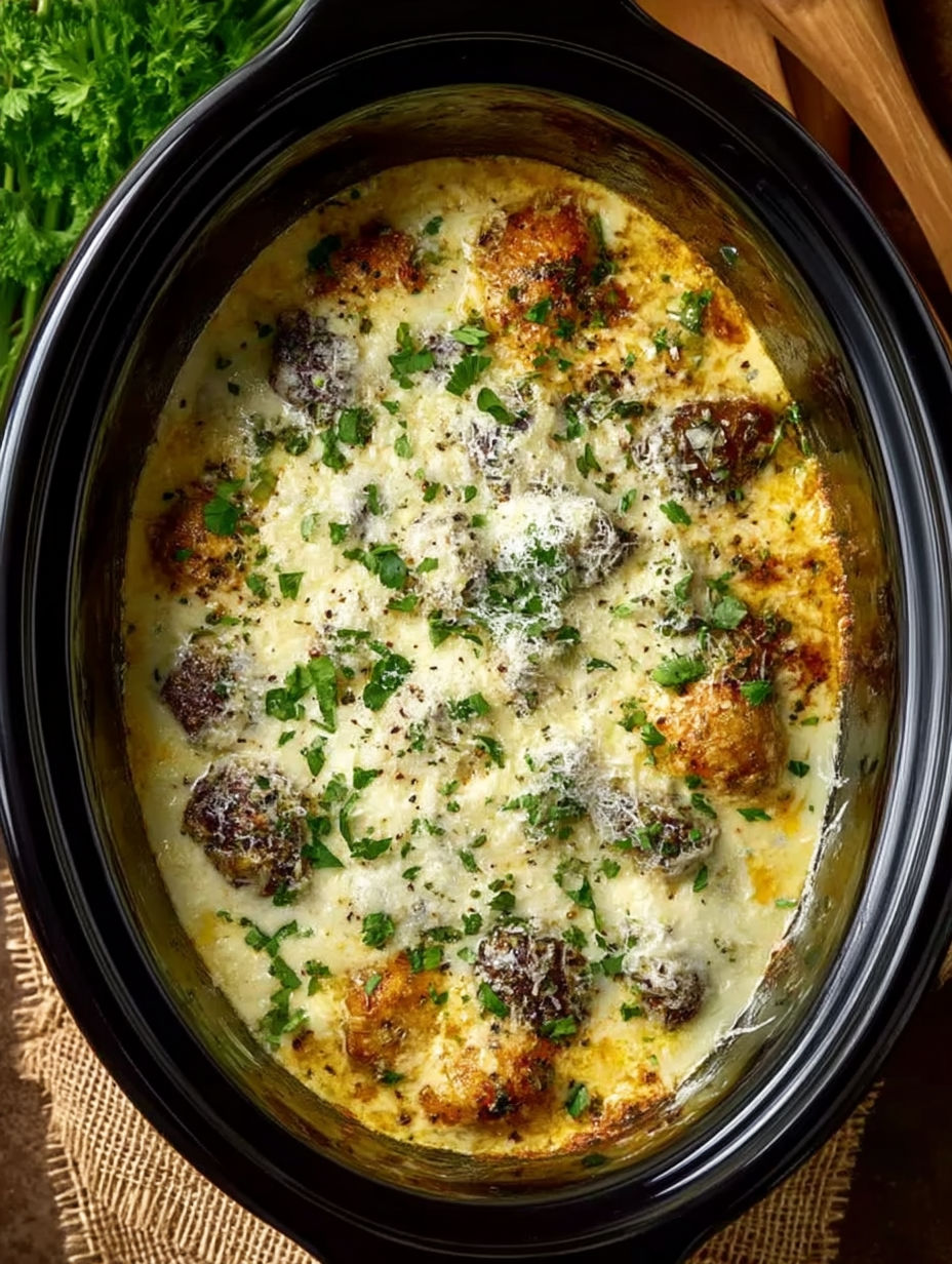 A crock pot filled with French onion beef tips.