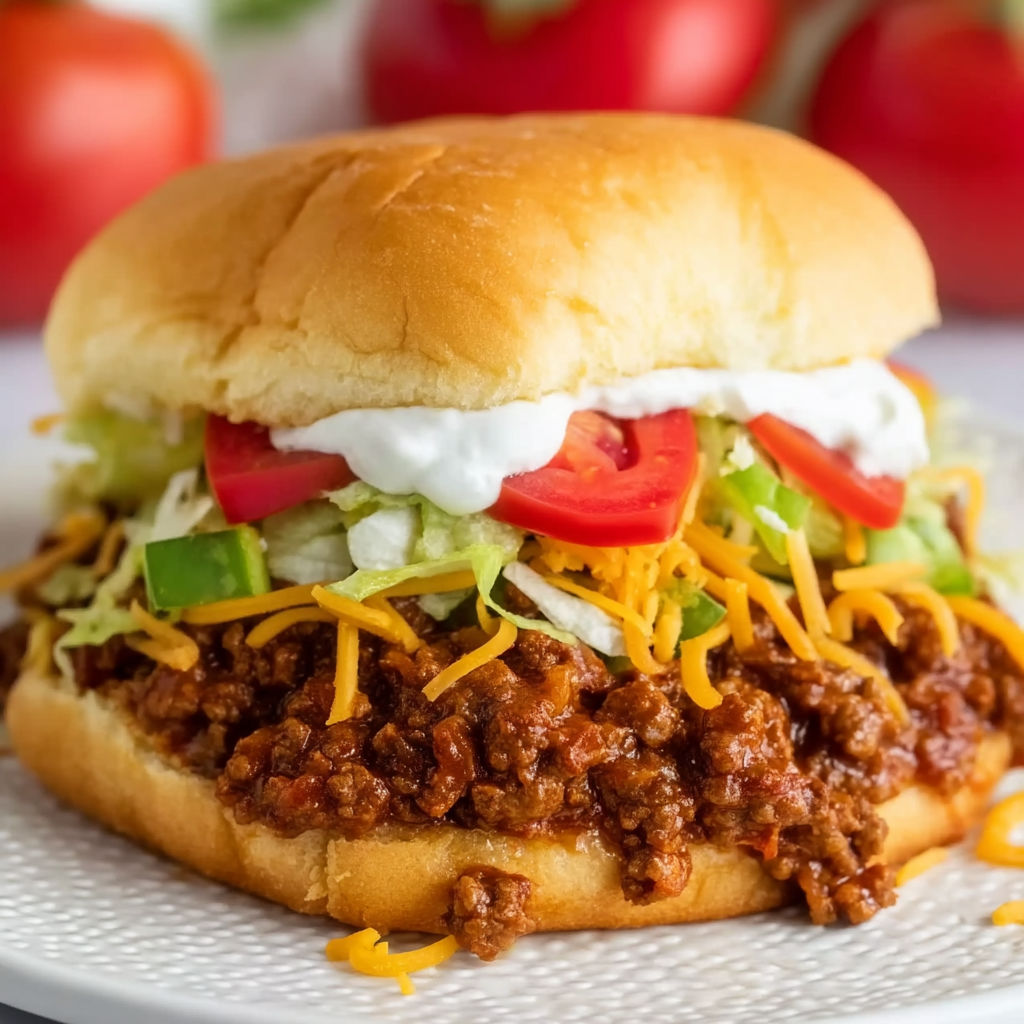A sloppy joe sandwich with lettuce, tomato, and cheese.