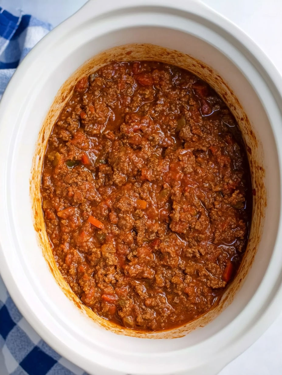 A pot of beef stew with a spoon in it.