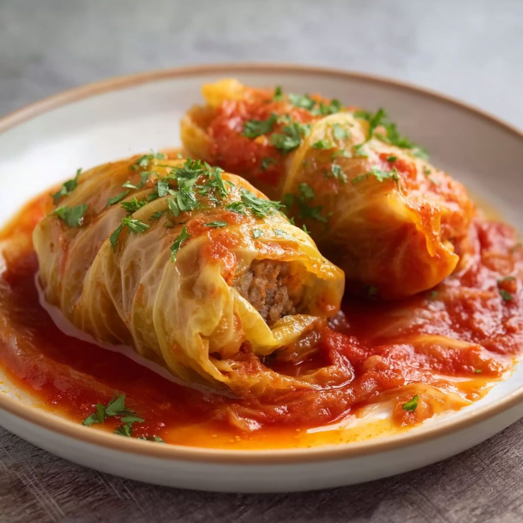 A plate of cabbage rolls with tomato sauce.