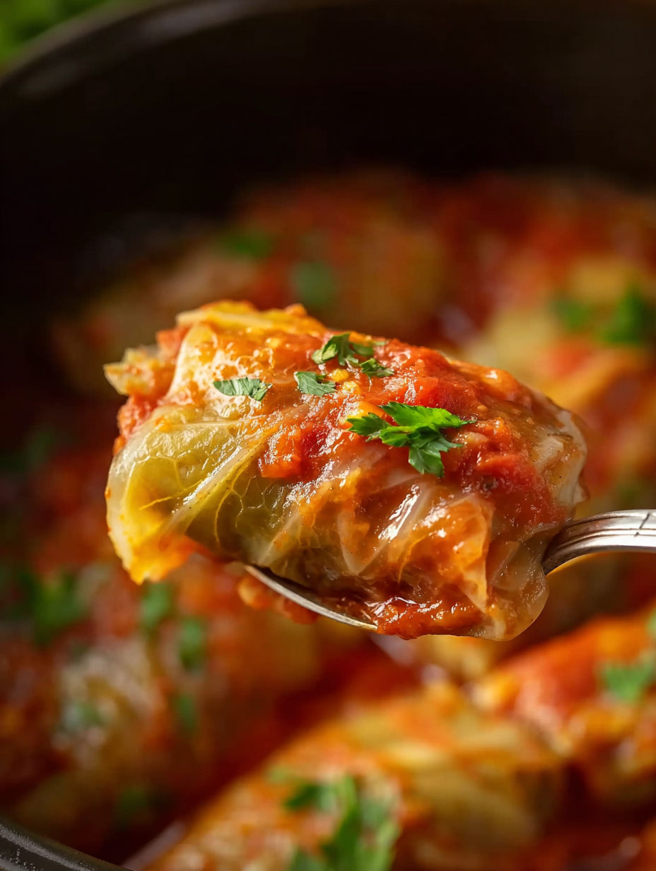 A spoon is in a crock pot filled with cabbage rolls.