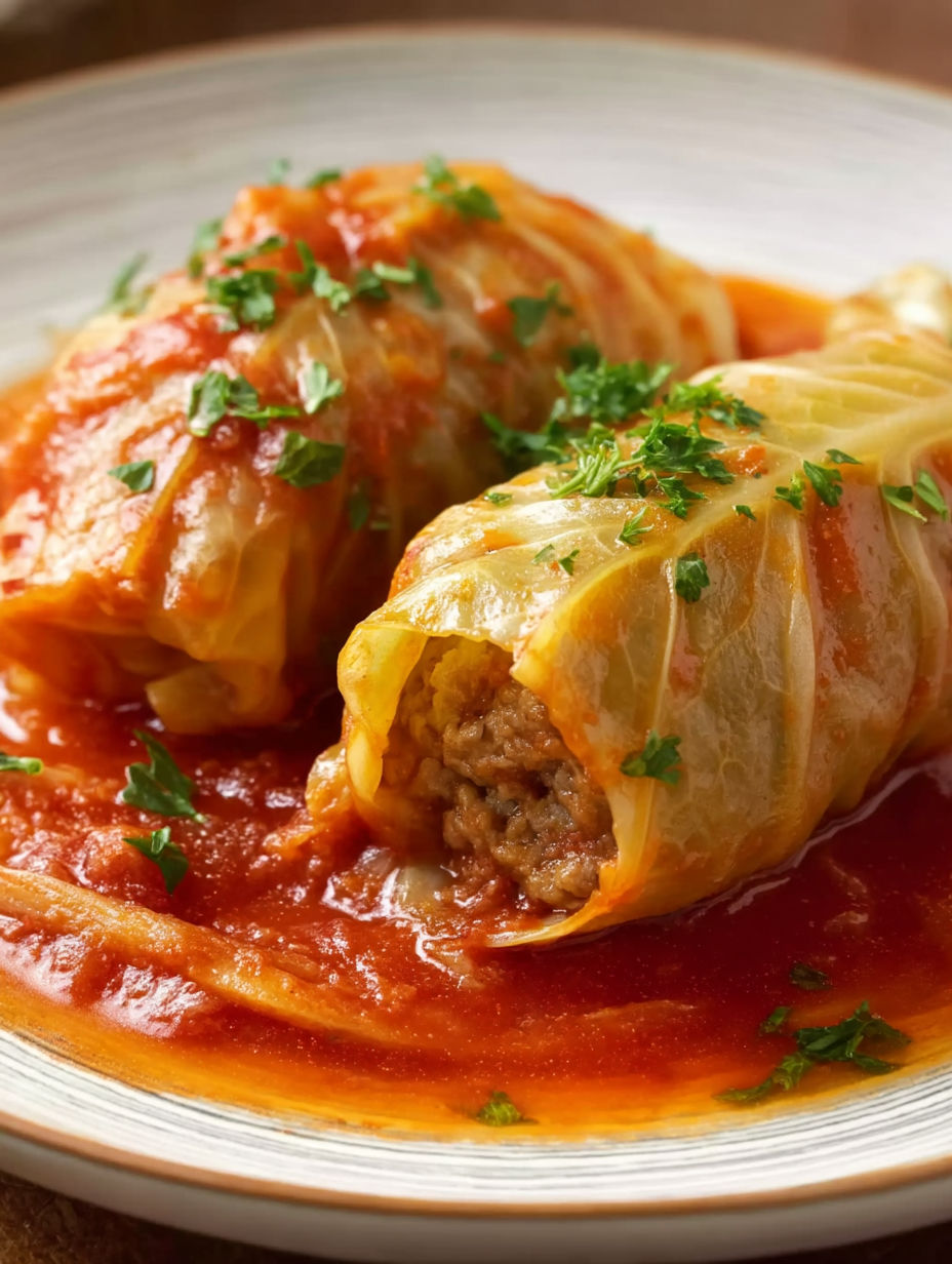 A plate of cabbage rolls with meat and tomato sauce.