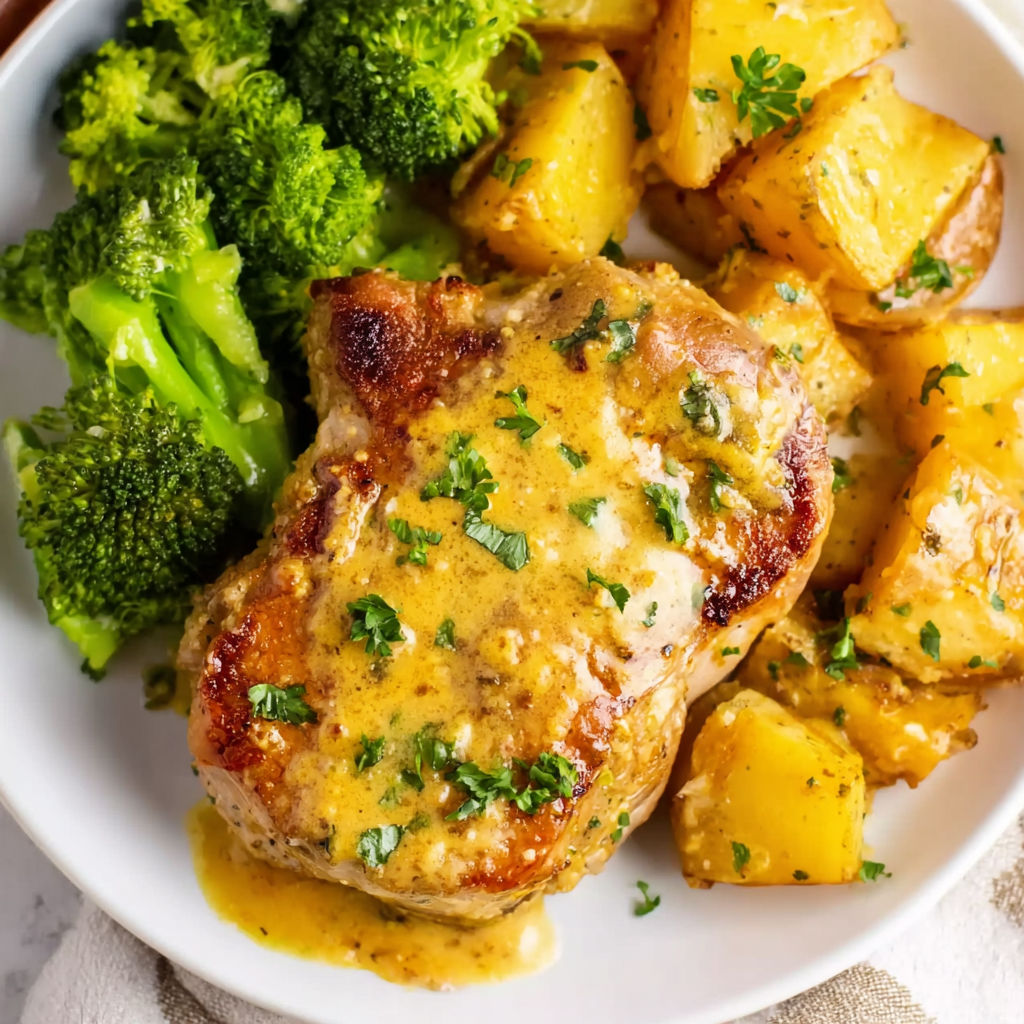 A plate of food with chicken, broccoli, and potatoes.