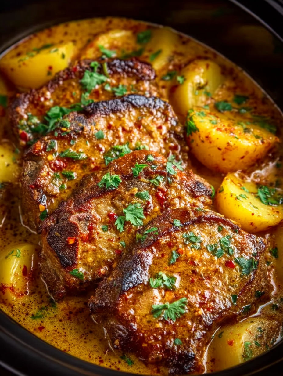 A close up of a crock pot with meat and potatoes.
