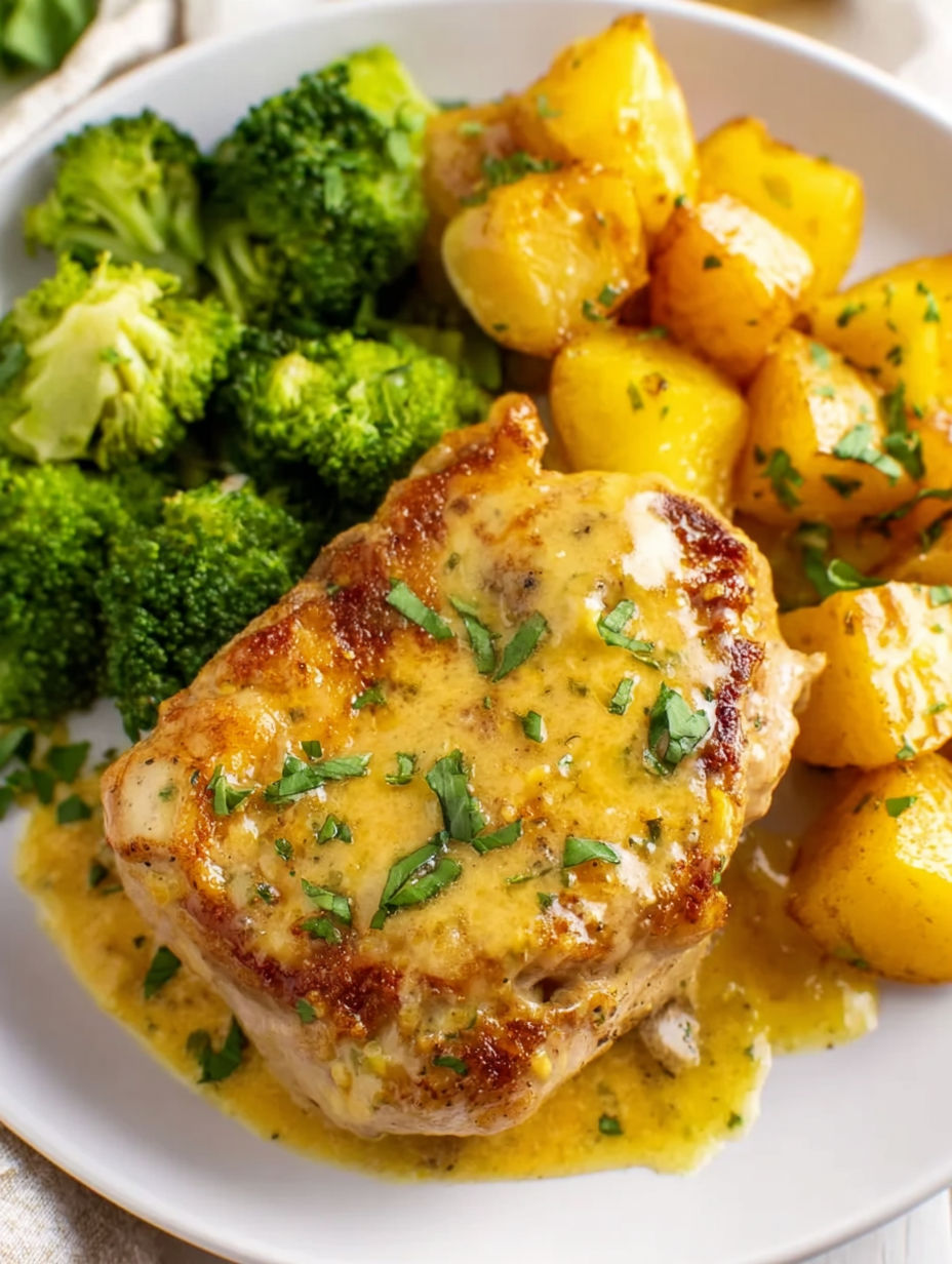A plate of food with chicken, potatoes and broccoli.