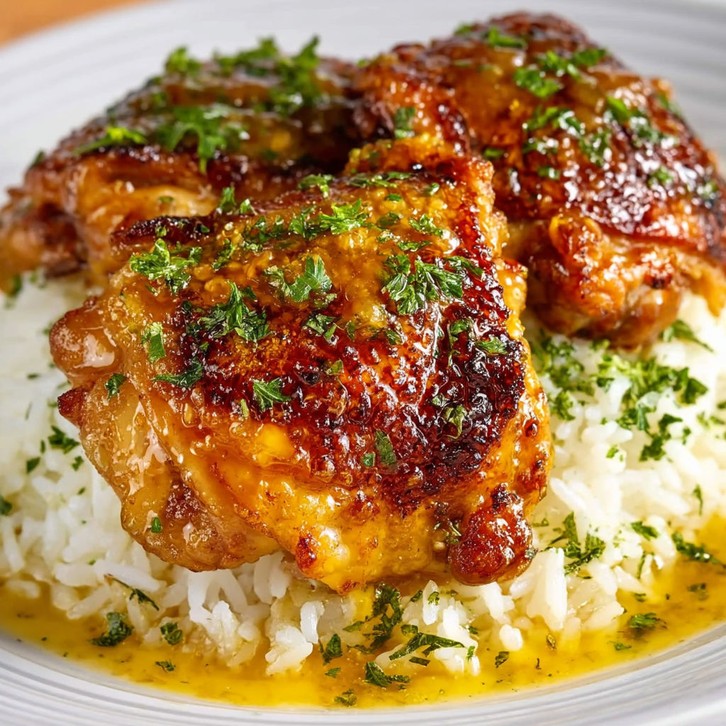 A plate of chicken thighs and rice.