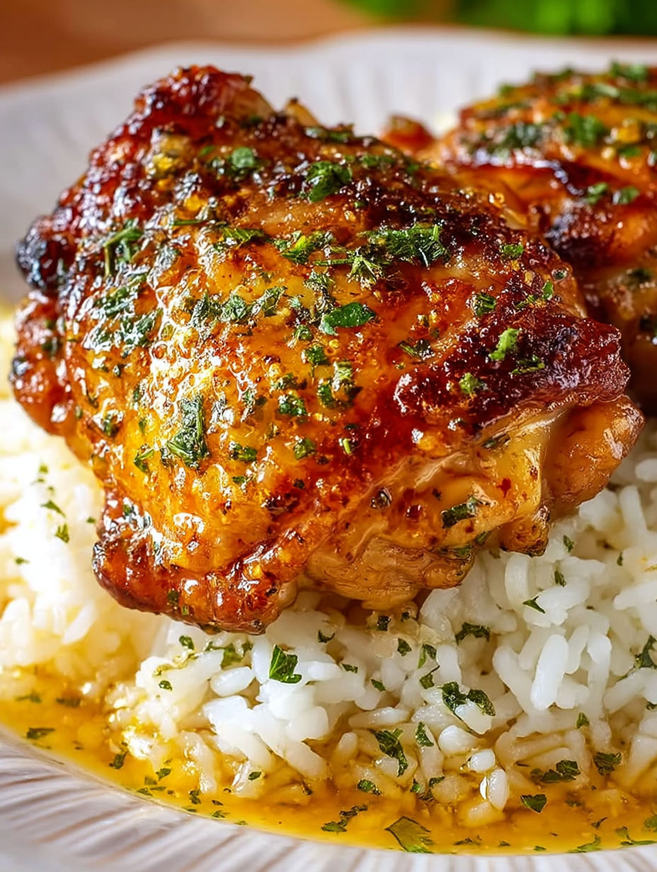 A plate of chicken thighs and rice.