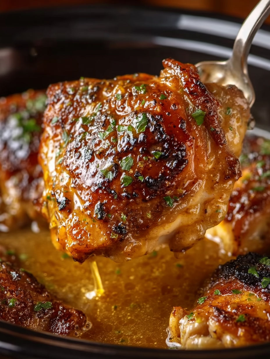 A close up of a chicken thigh in a crock pot.