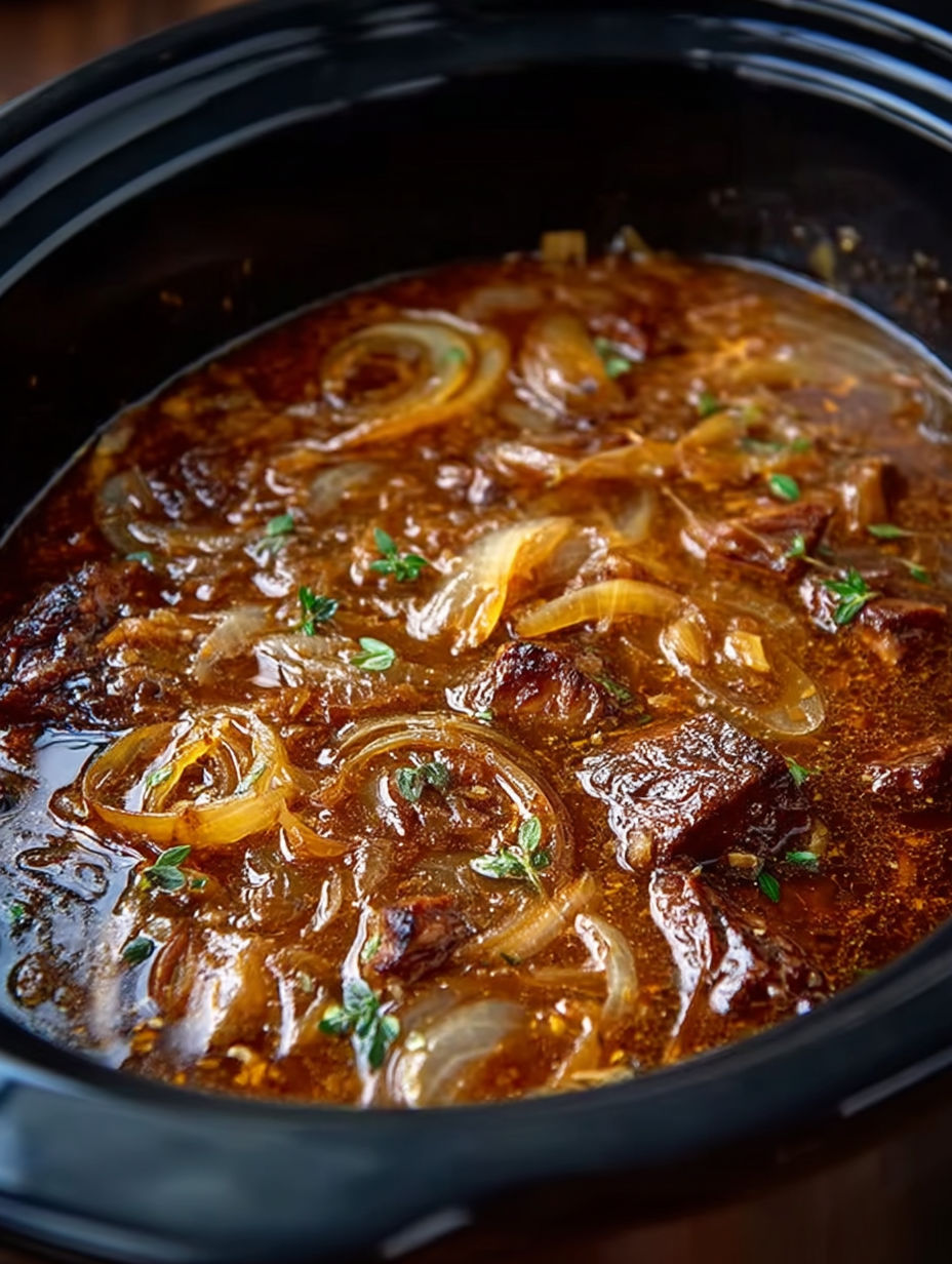 A crock pot filled with steak and gravy.