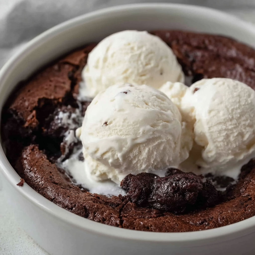 A bowl of chocolate cake with ice cream on top.