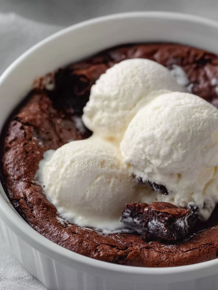 A bowl of chocolate cake with ice cream on top.