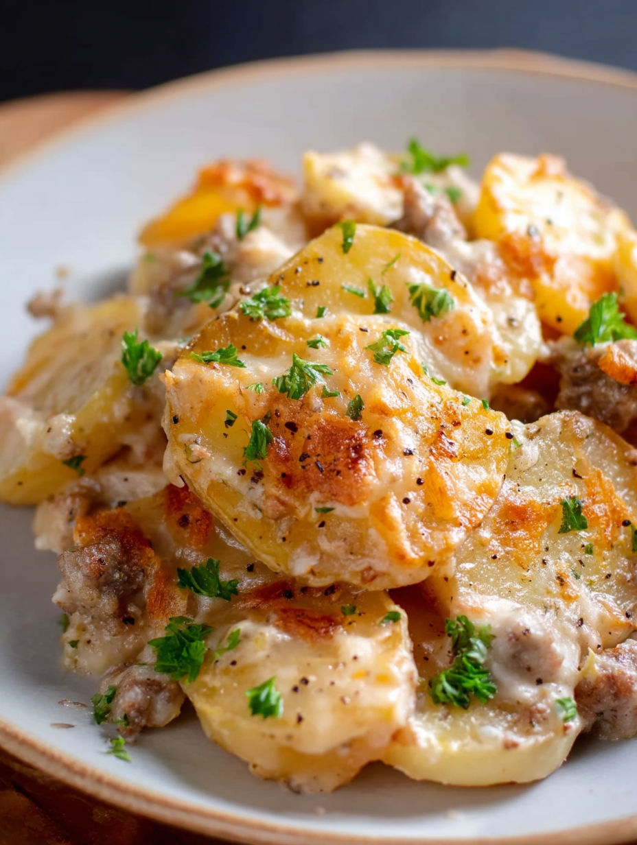 A close up of a crock pot potato hamburger casserole.