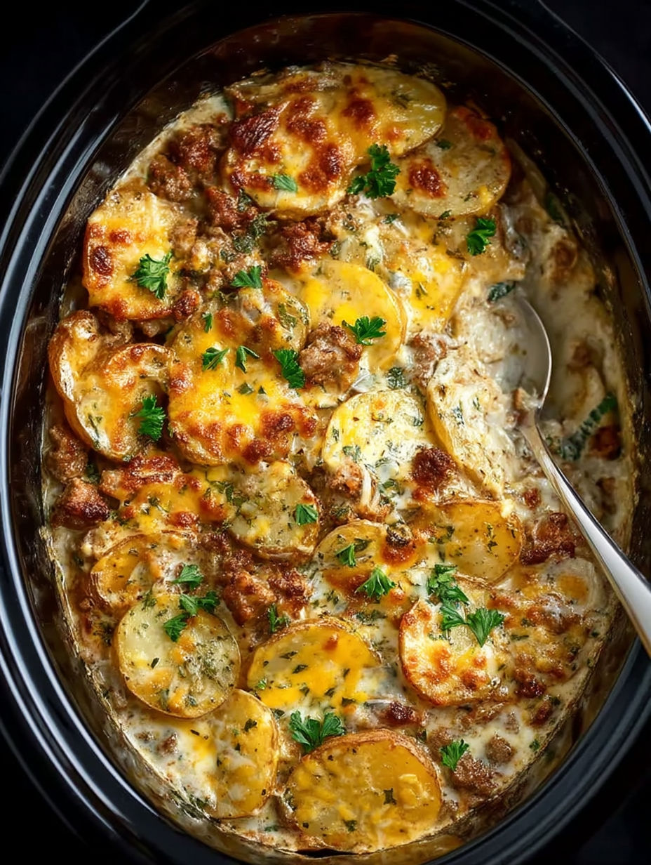 A crock pot filled with a potato hamburger casserole.