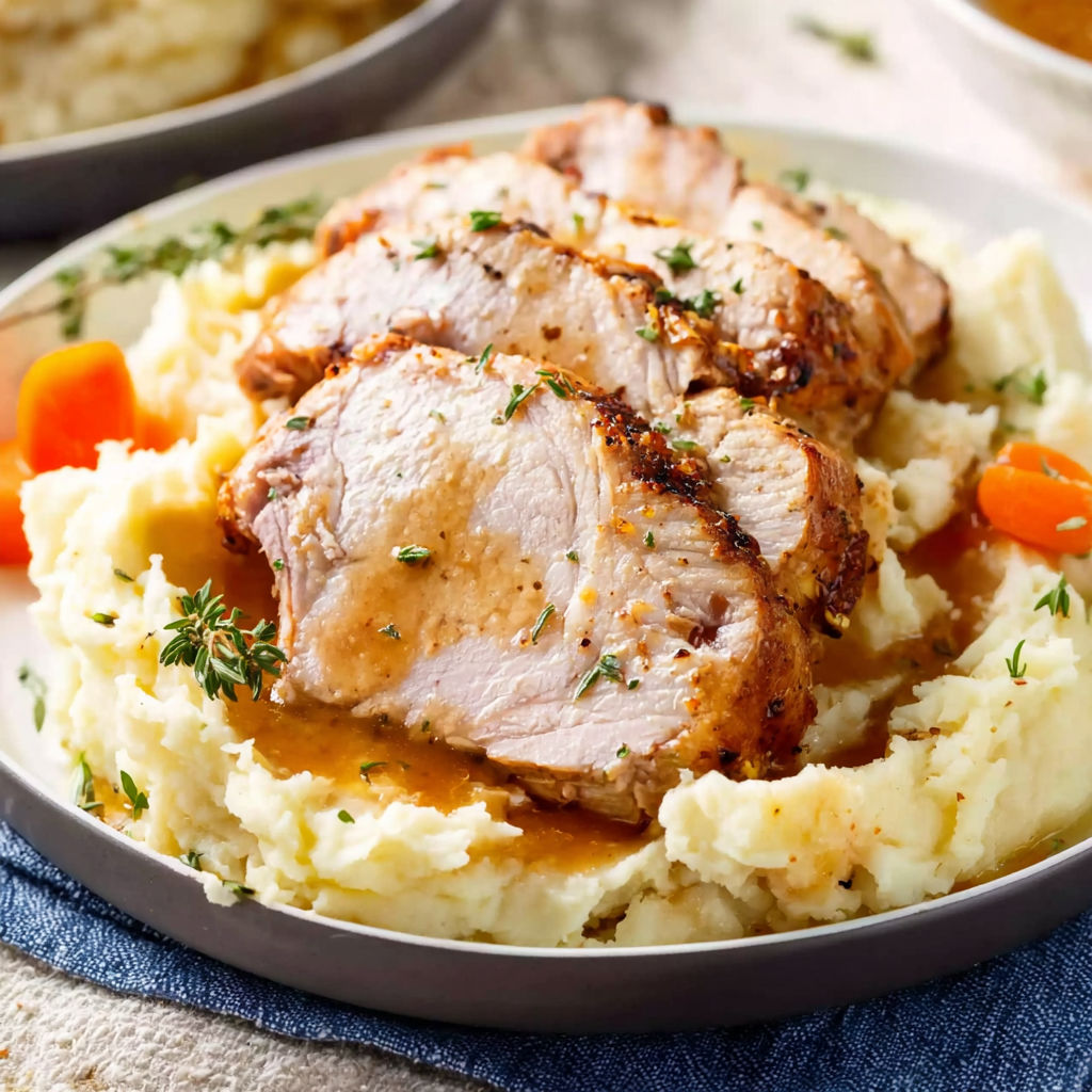 A plate of pork with gravy and herbs.