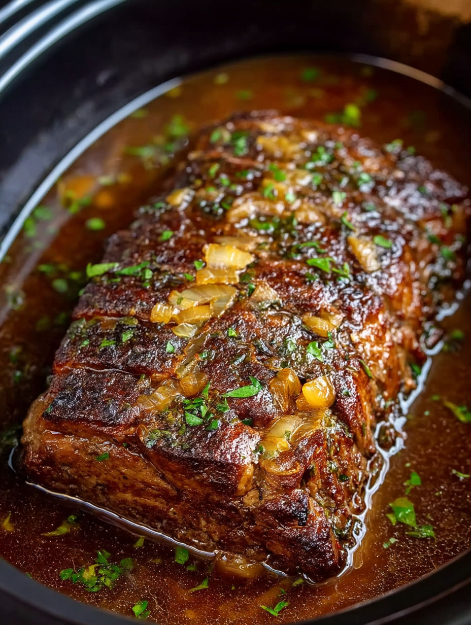A close up of a pork loin in a crock pot with herbs and gravy.