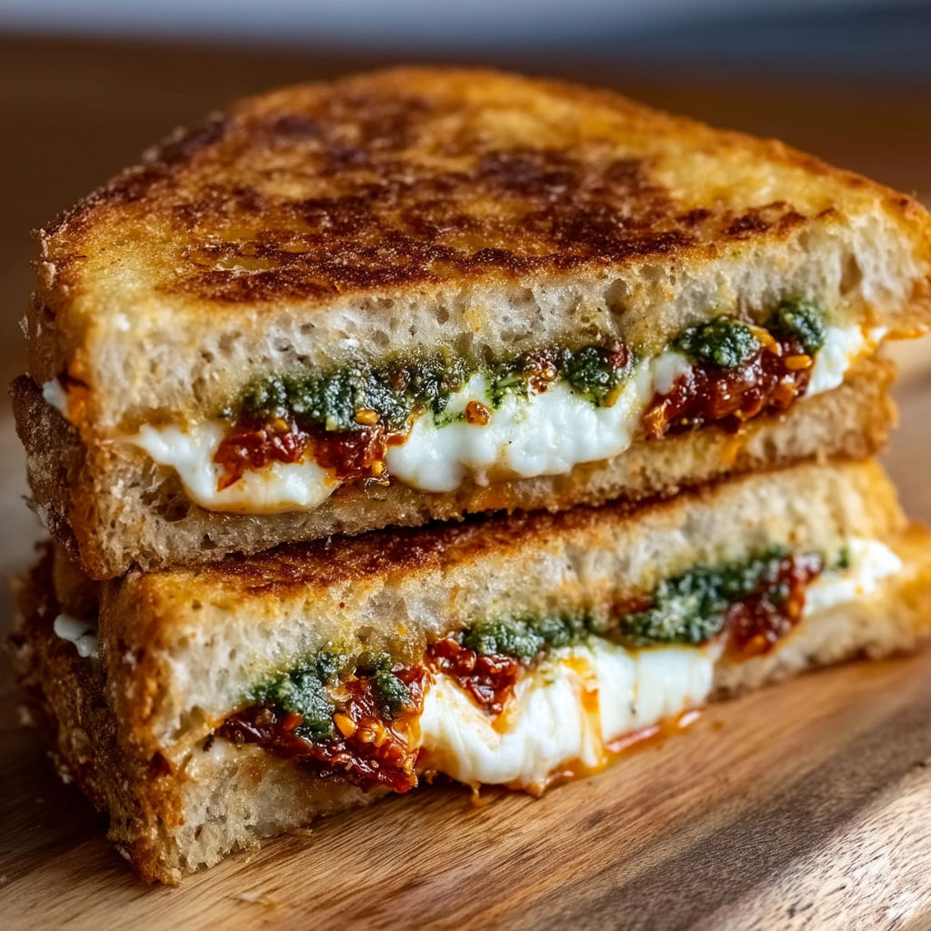 A sandwich with sun-dried tomato pesto and grilled cheese.