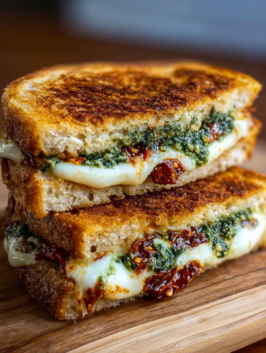 A sandwich with sun-dried tomato pesto and grilled cheese.