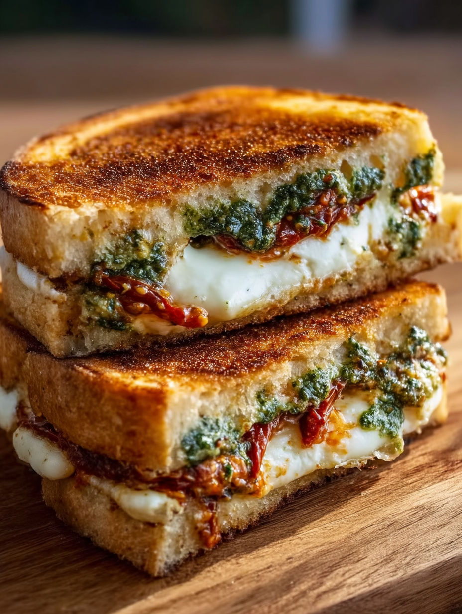 A sandwich with sun-dried tomato pesto and grilled cheese.
