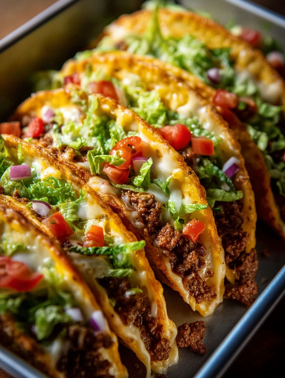 Oven-baked cheesy tacos with lettuce and tomatoes.