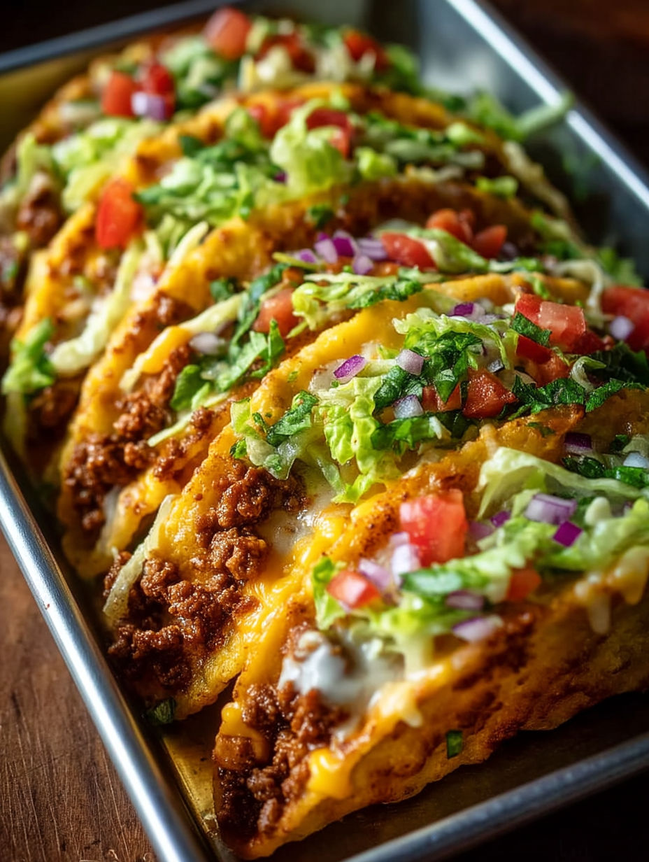 A tray of oven-baked cheesy tacos.