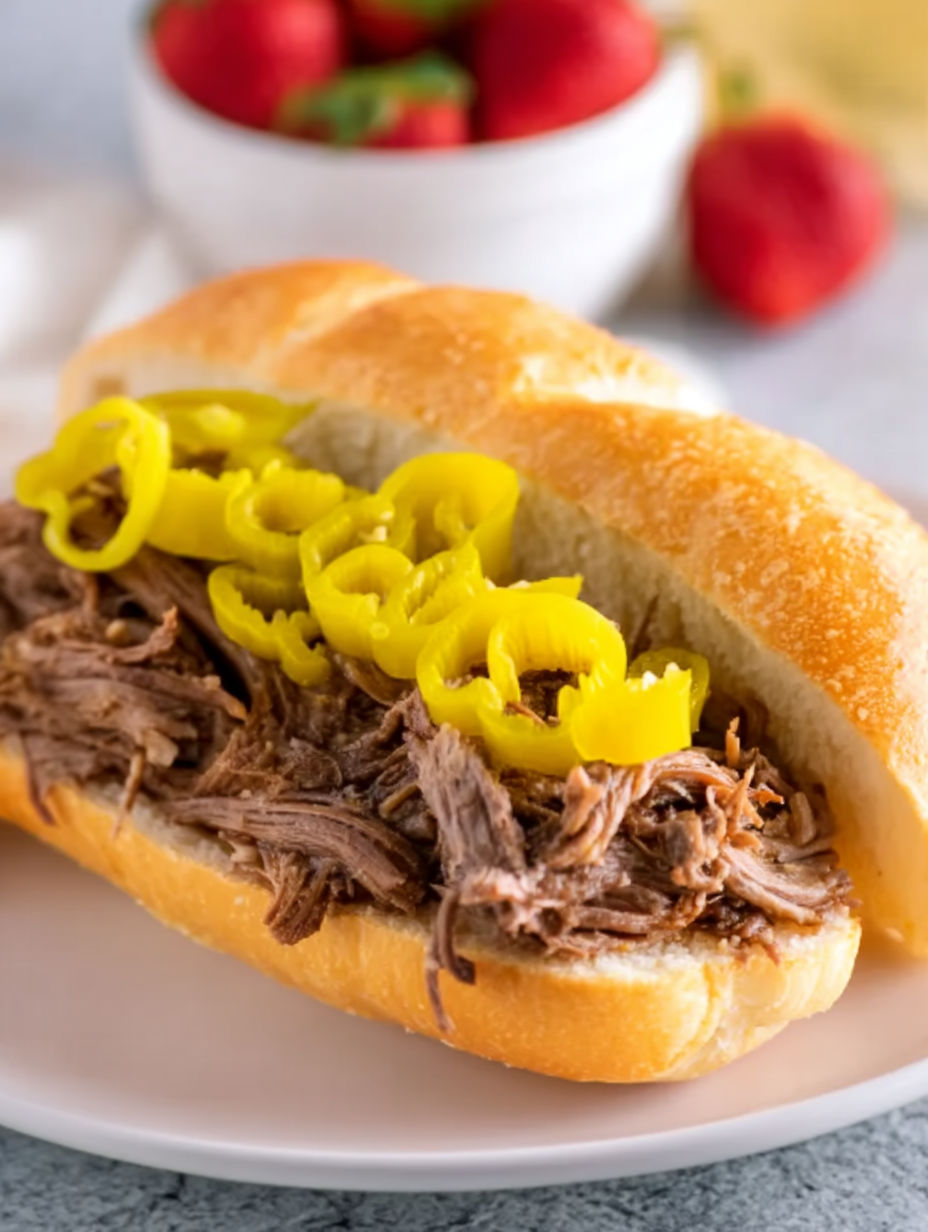 A close up of a slow cooker Italian beef sandwich.