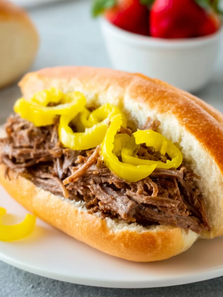 A close up of a slow cooker Italian beef sandwich.