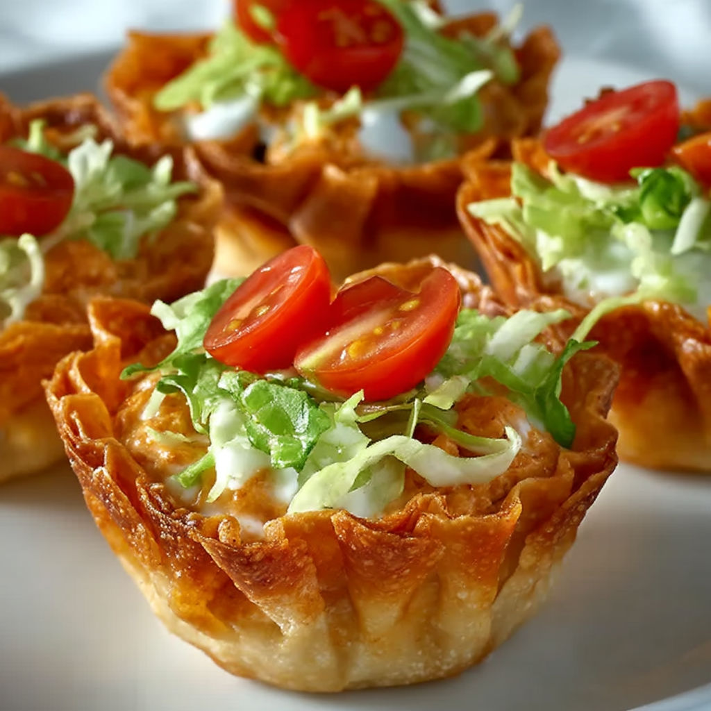 A plate of taco dip bites with tomatoes and lettuce.