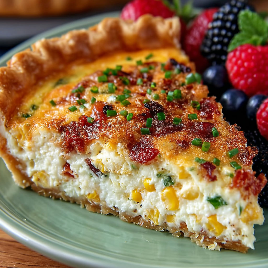 A slice of bacon and corn quiche.