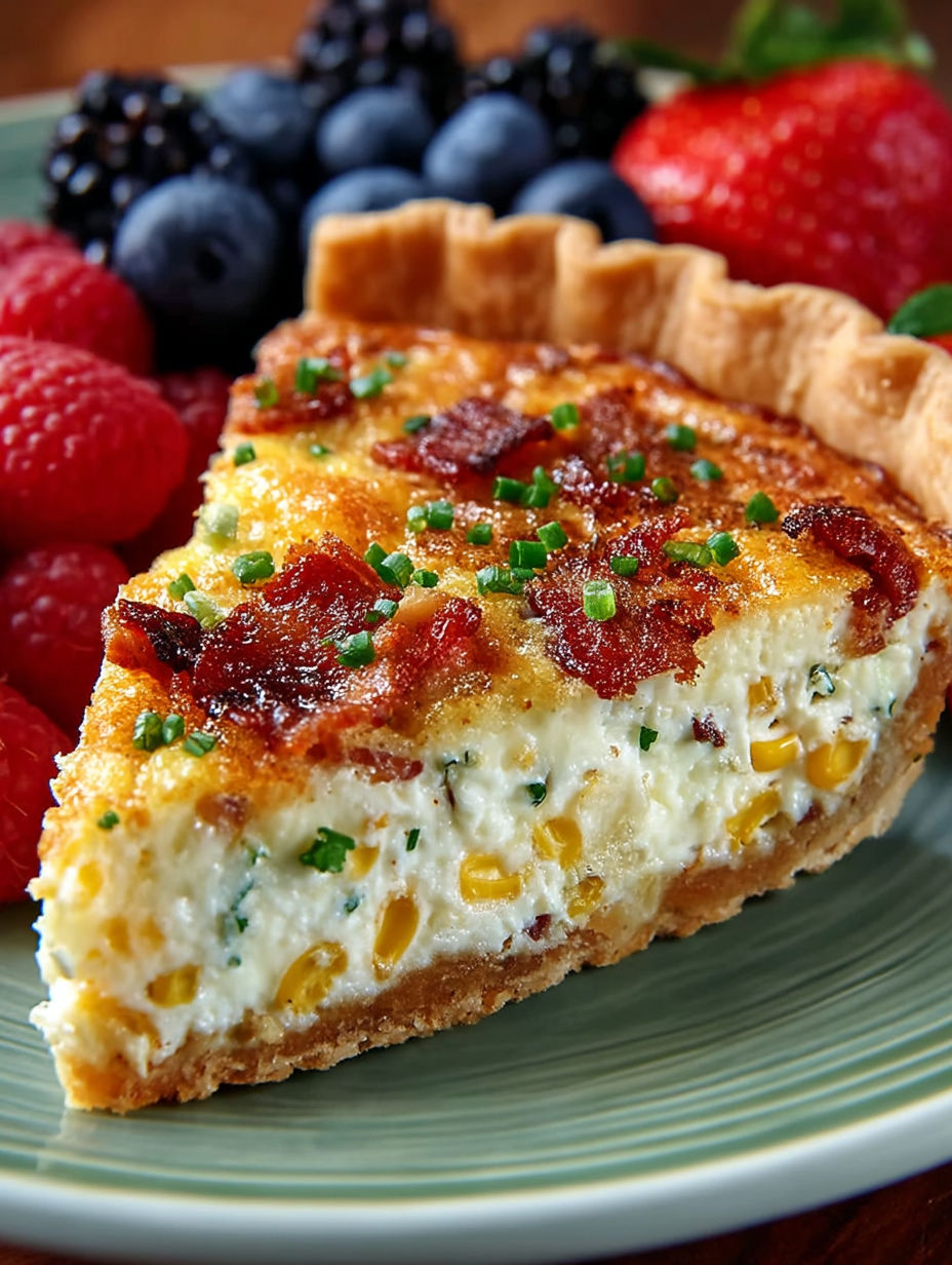A slice of bacon and corn quiche.