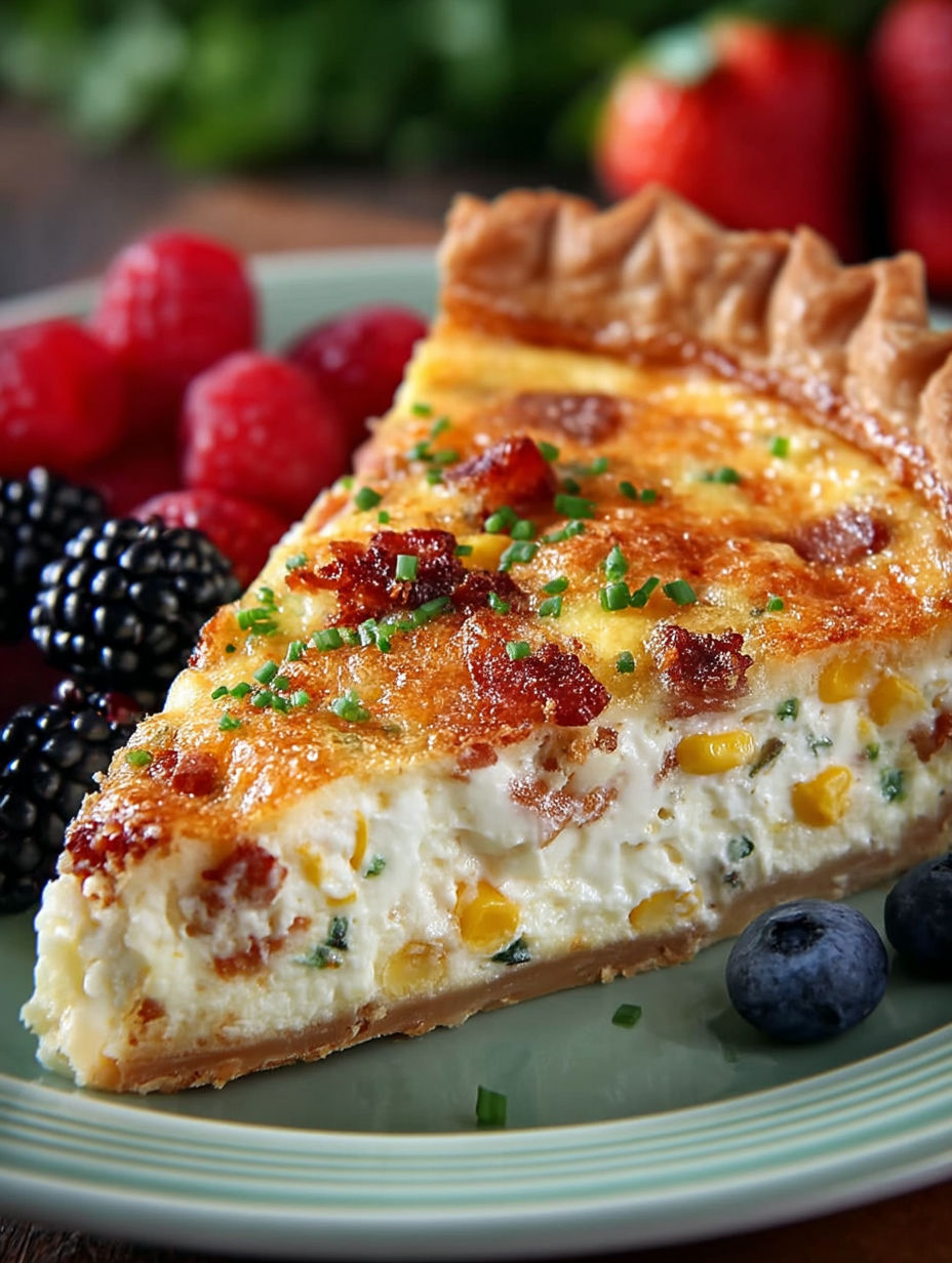 A slice of bacon and corn quiche.