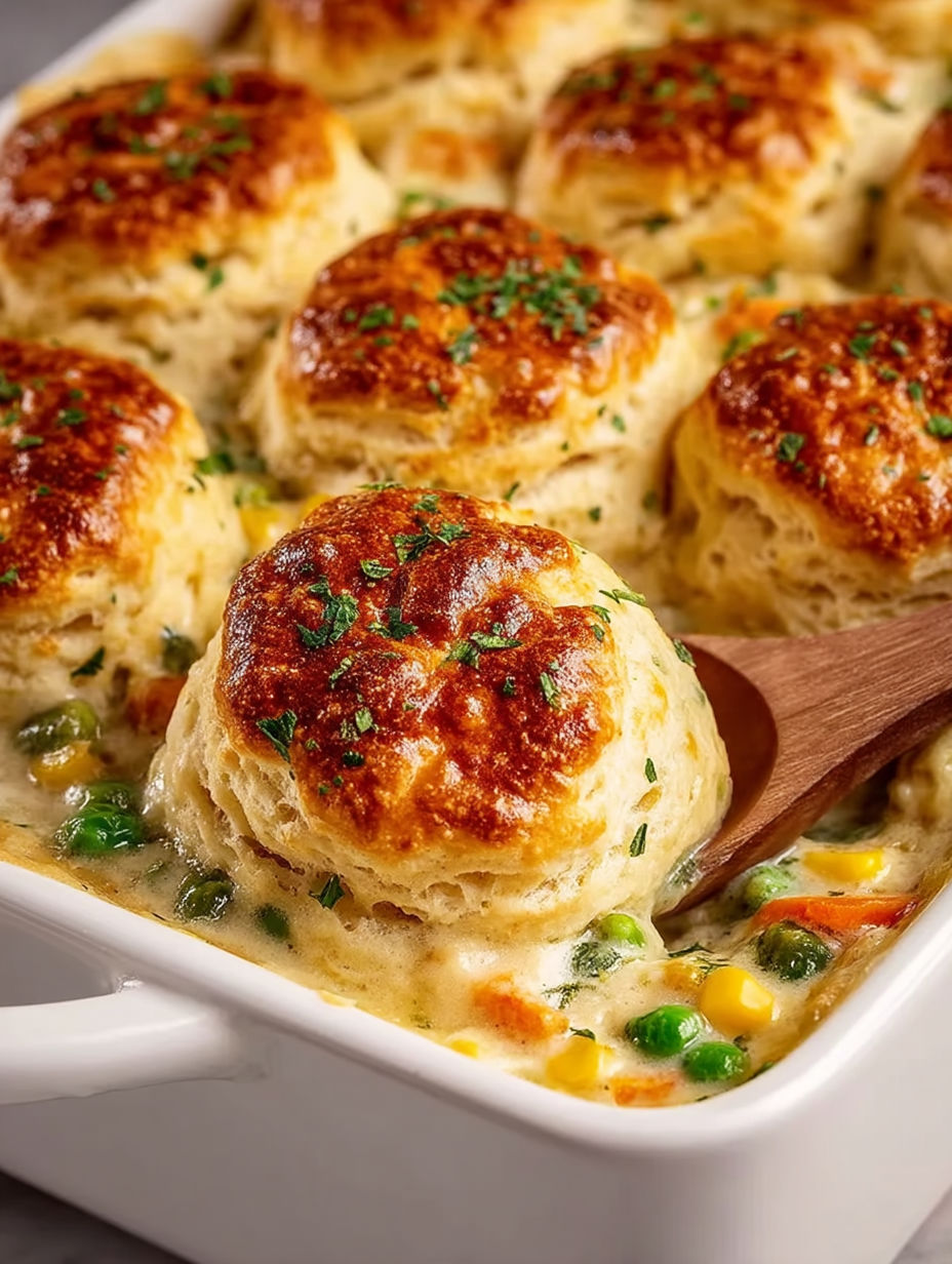 A close up of a chicken pot pie casserole.