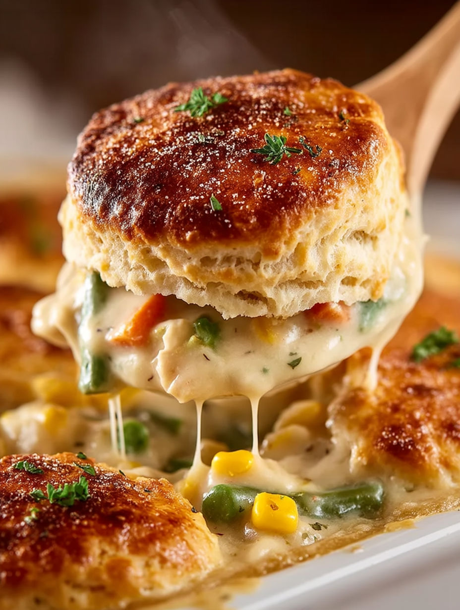 A close up of a chicken pot pie casserole.