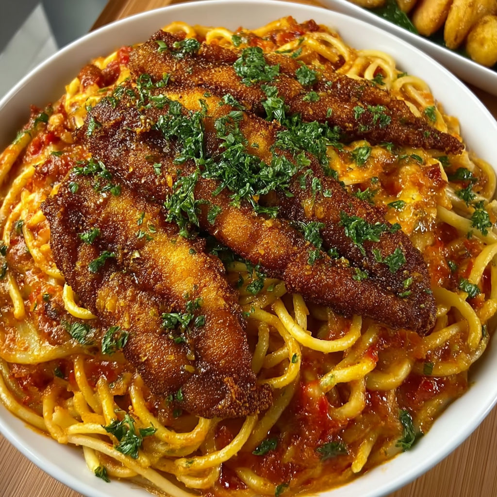 A bowl of spaghetti with fish on top.