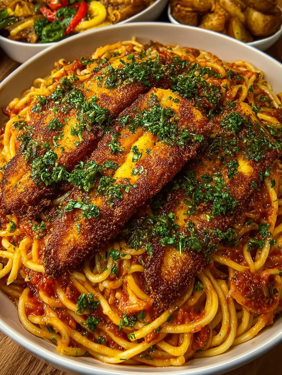 A bowl of spaghetti with fish on top.