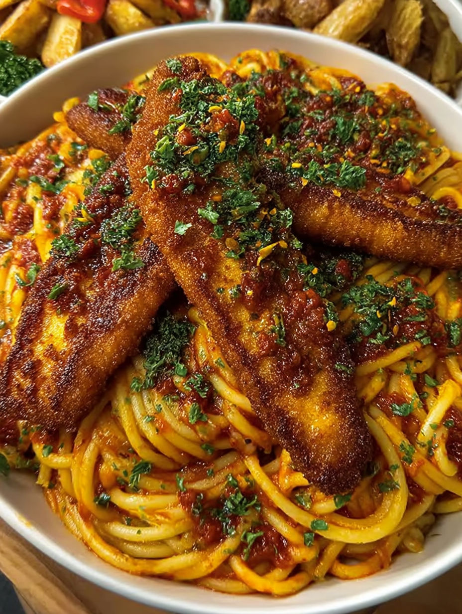 A plate of spaghetti with fish on top.