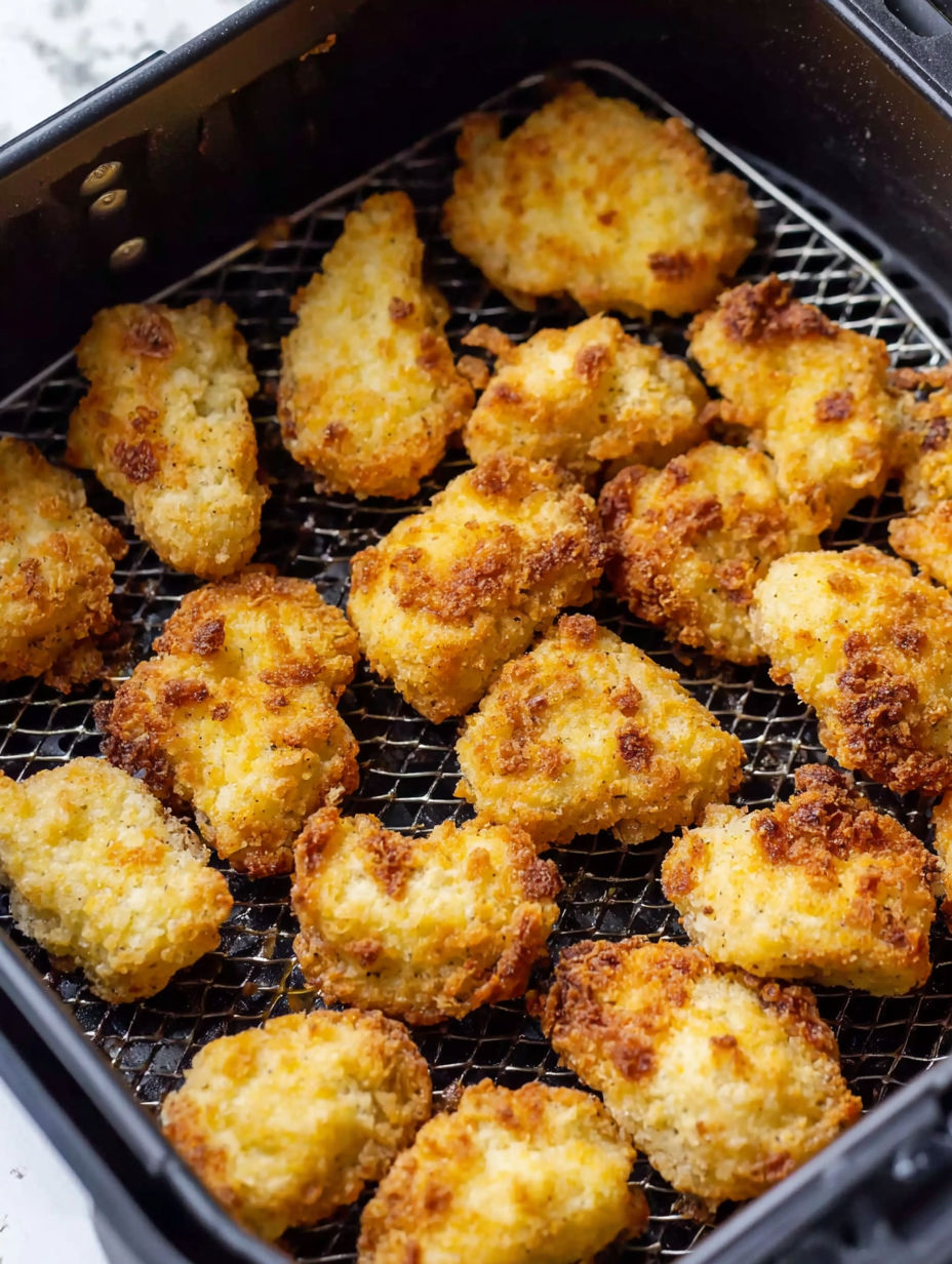 Chicken nuggets in an air fryer.