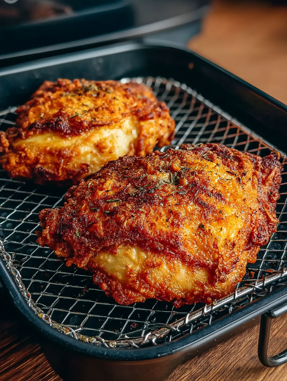 Two pieces of air fryer fried chicken thighs.