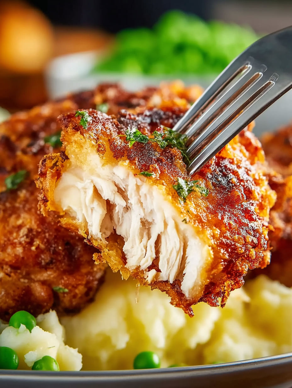 A fork is stuck in a piece of fried chicken.