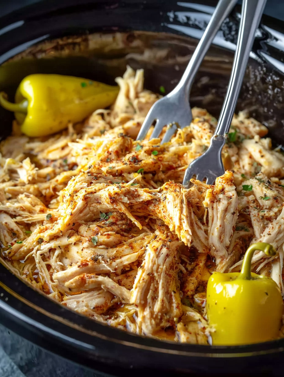 A fork and a knife are in a bowl of Mississippi chicken.