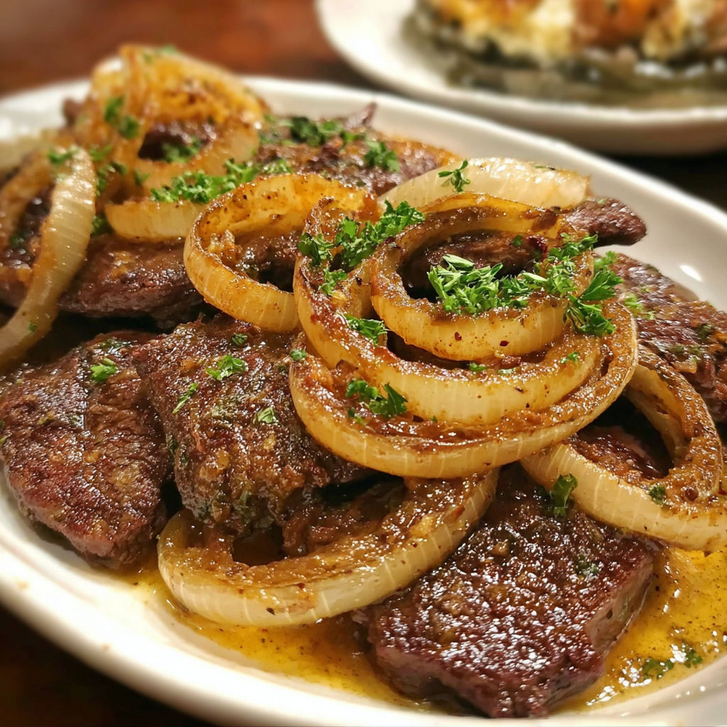 A plate of beef liver with onions.