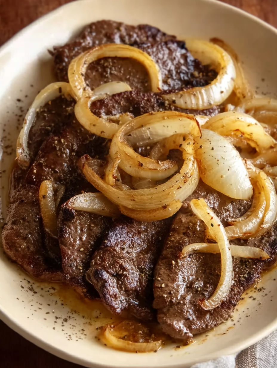 A plate of beef with onions.