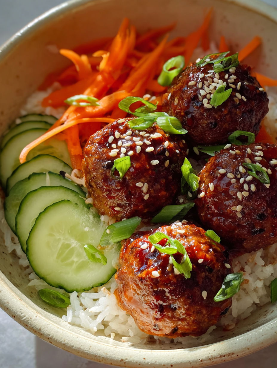 A bowl of meatballs with rice and vegetables.